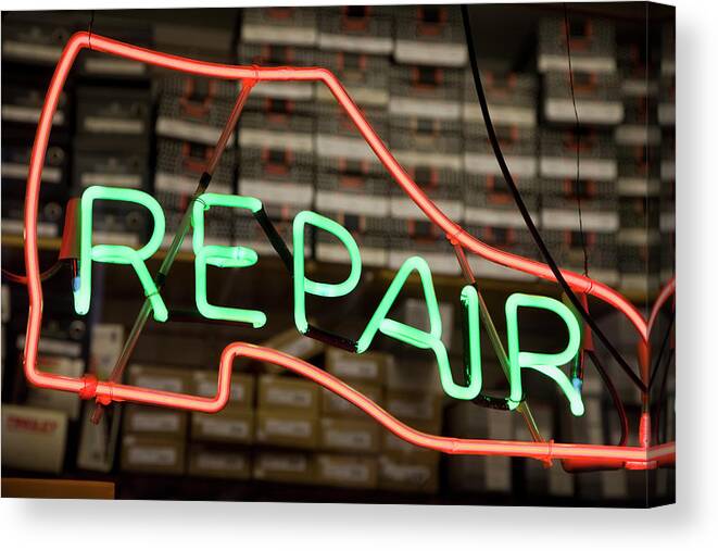 Retail Canvas Print featuring the photograph Neon Shoe Repair Sign by Frederick Bass