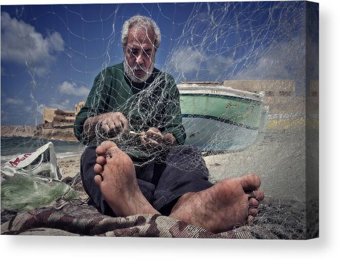 Documentary Canvas Print featuring the photograph Net Maker by Mahmoud Fayed