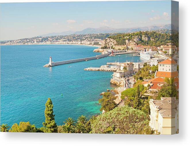 Outdoors Canvas Print featuring the photograph Nice Coastline And Harbour, France by John Harper