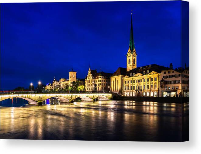 Cityscape Canvas Print featuring the photograph Night View Of Historic Zurich City by Prasit Rodphan