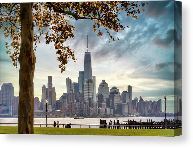 Estock Canvas Print featuring the digital art Nj, Views Of Lower Manhattan From Hoboken Waterfront, Pier A by Lumiere