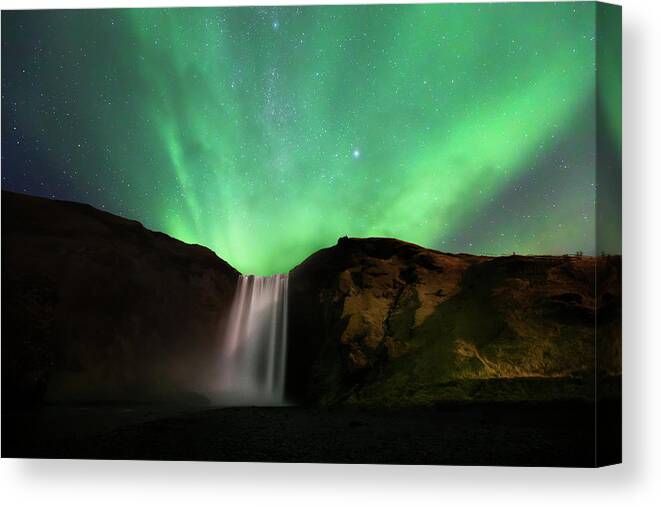 Estock Canvas Print featuring the digital art Northern Lights & Falls, Iceland by Maurizio Rellini