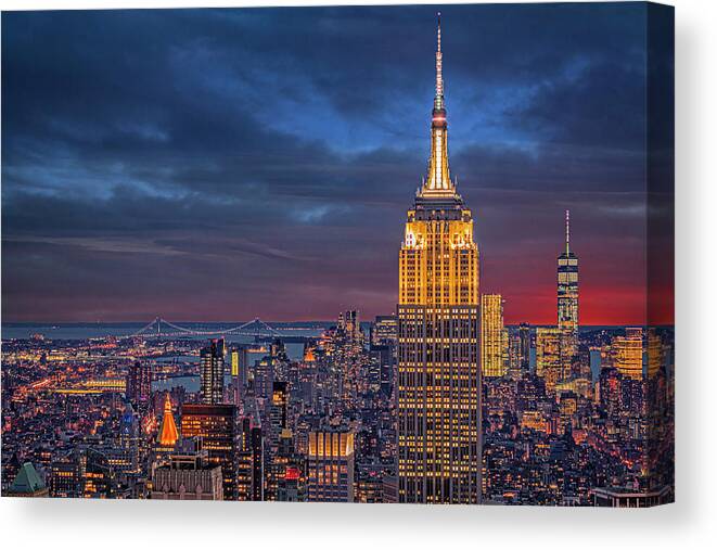 New York City Canvas Print featuring the photograph NYC ESB WTC Golden Hour by Susan Candelario