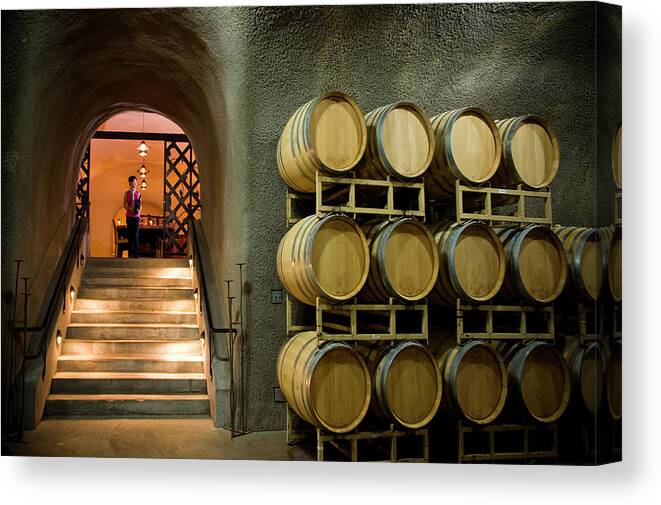 Sonoma County Canvas Print featuring the photograph Oak Barrels In Wine Cave At Winery Napa by Seanfboggs