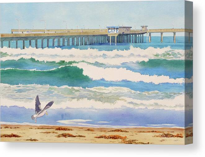 Ocean Canvas Print featuring the painting Ocean Beach Pier California by Mary Helmreich