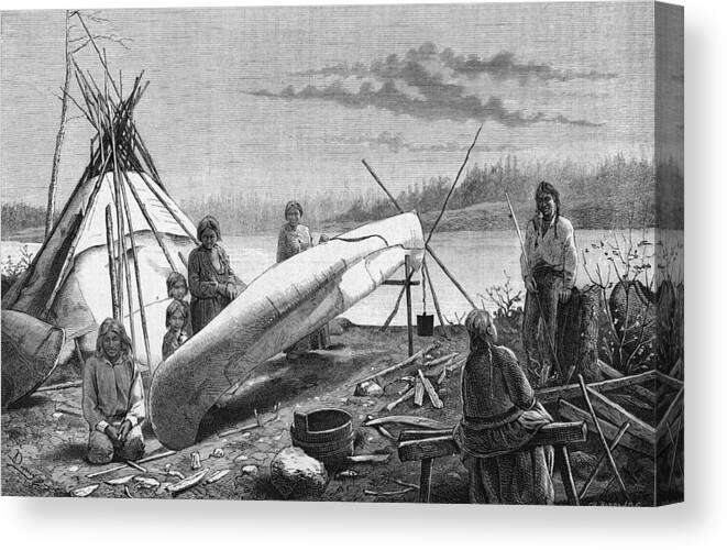 Engraving Canvas Print featuring the photograph Ojibwe Repairing A Canoe by Hulton Archive