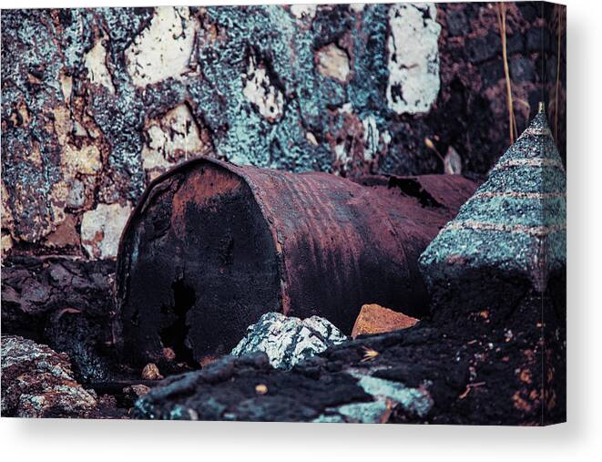 Pollution Canvas Print featuring the photograph Old Rusty And Abandoned Crude Barrel Leaking by Cavan Images