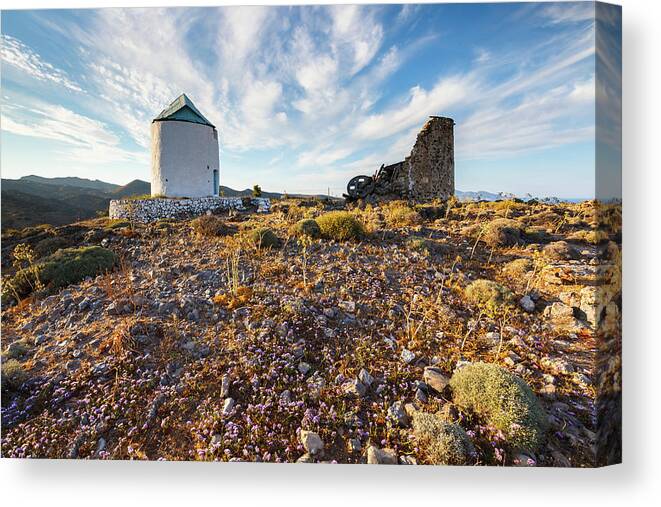 Mediterranean Canvas Print featuring the photograph Old Windmills And Late Spring Flowers On Kimolos Island In Greece. by Cavan Images