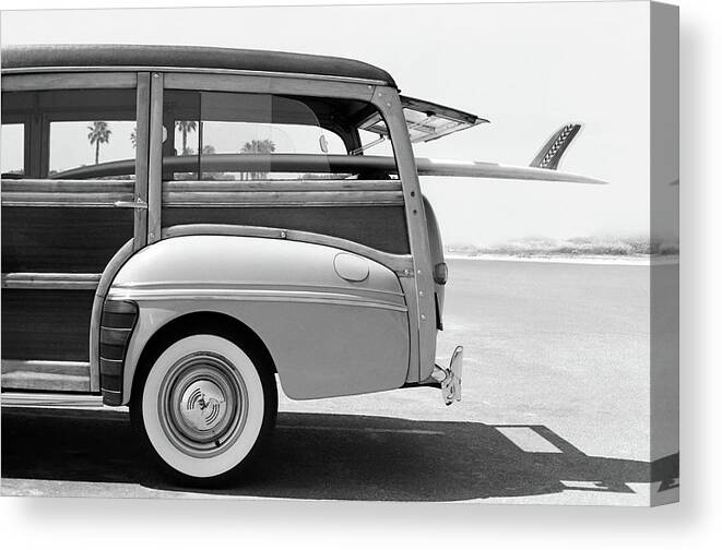 1950-1959 Canvas Print featuring the photograph Old Woodie Station Wagon With Surfboard by Skodonnell