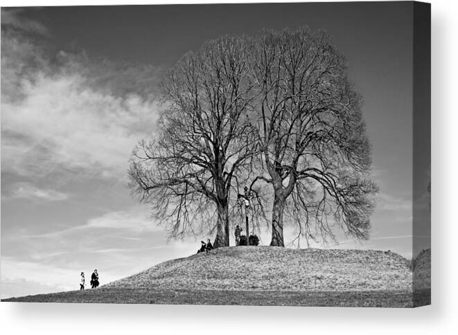 Hill Trees Bw People Jesus Cross Clouds Mood Landscape Upper Bavaria Canvas Print featuring the photograph On The Top Of The Hill by Hans Peter Rank