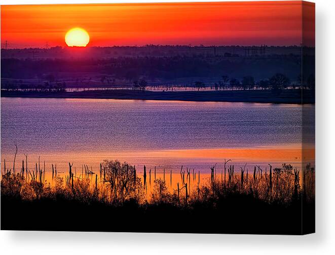 Scenics Canvas Print featuring the photograph Orange Sunrise On Benbrook Lake by Dean Fikar