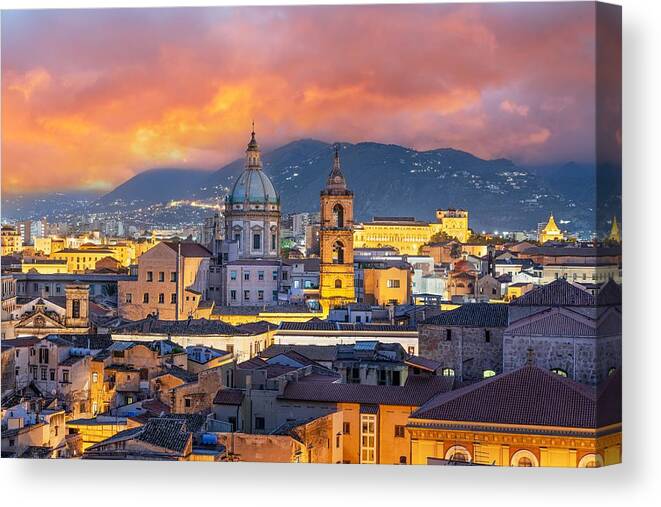 Landscape Canvas Print featuring the photograph Palermo, Sicily Town Skyline by Sean Pavone