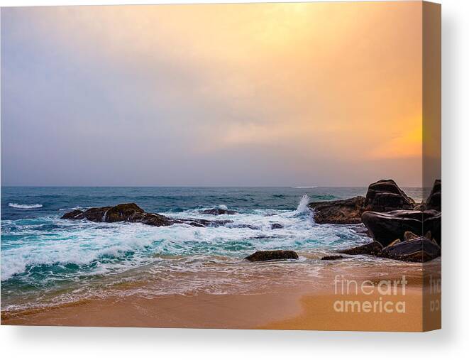 Hikkaduwa Canvas Print featuring the photograph Palm Tropical Beach Landscape Sunset by Travel Landscapes