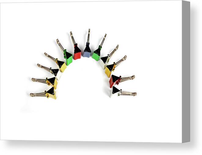 White Background Canvas Print featuring the photograph Paper Clips Arranged In A Half Circle by Visage