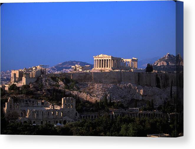 Scenics Canvas Print featuring the photograph Parthenon From Filopapou At Dusk by Walter Bibikow