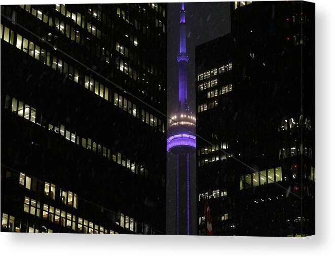 Cn Tower Canvas Print featuring the photograph Peekaboo Landmark And Snow by Kreddible Trout