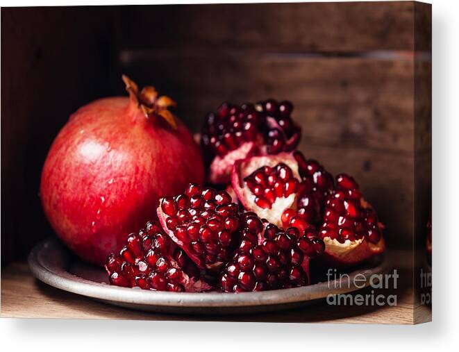 Tray Canvas Print featuring the photograph Pieces And Grains Of Ripe Pomegranate by Lisovskaya Natalia