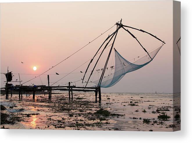 Pier And Fishing Nets On Beach At Sunset, Kochi, Kerala, India Canvas Print  / Canvas Art by Michael Truelove - Fine Art America