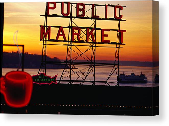 Ferry Canvas Print featuring the photograph Pike Place Market Sign, Seattle by Lonely Planet