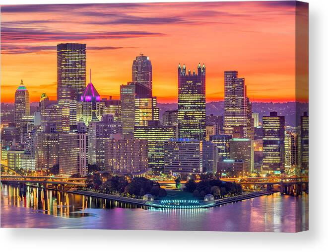 Landscape Canvas Print featuring the photograph Pittsburgh, Pennsylvania, Usa Downtown by Sean Pavone
