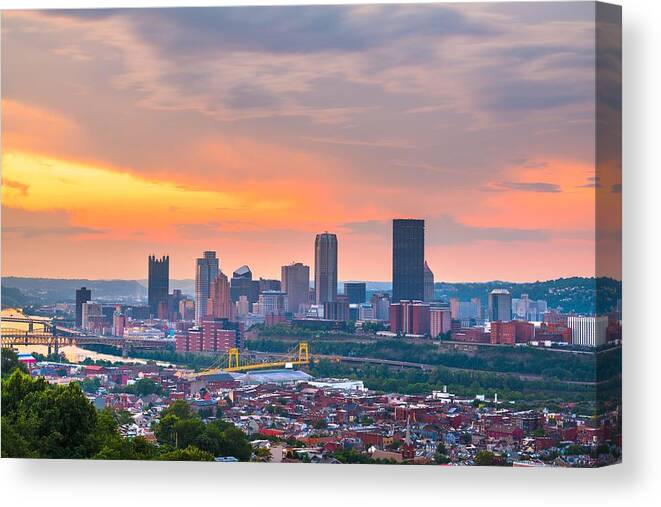 Landscape Canvas Print featuring the photograph Pittsburgh, Pennsylvania, Usa Skyline by Sean Pavone