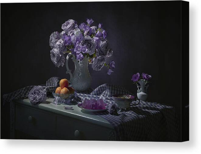Purple Canvas Print featuring the photograph Purple Rose And Yellow Peach by Lydia Jacobs