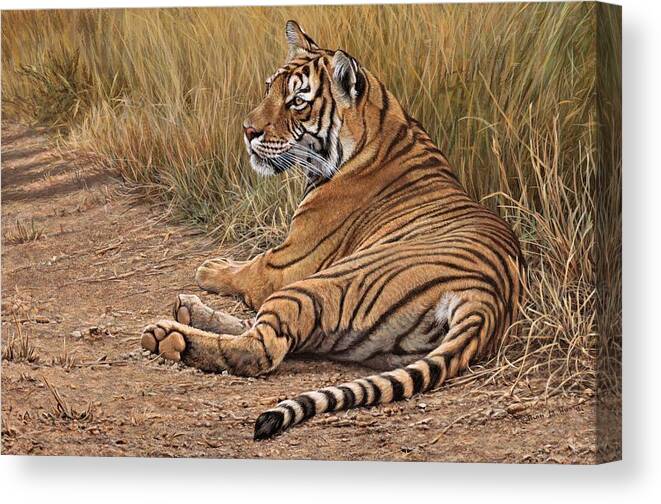Tiger Canvas Print featuring the painting Ranthamboure Road Block Tiger by Alan M Hunt