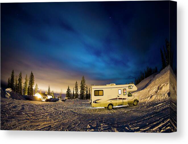 Camping Canvas Print featuring the photograph Recreational Vehicle Parked On Hillside by Gonzalo Manera