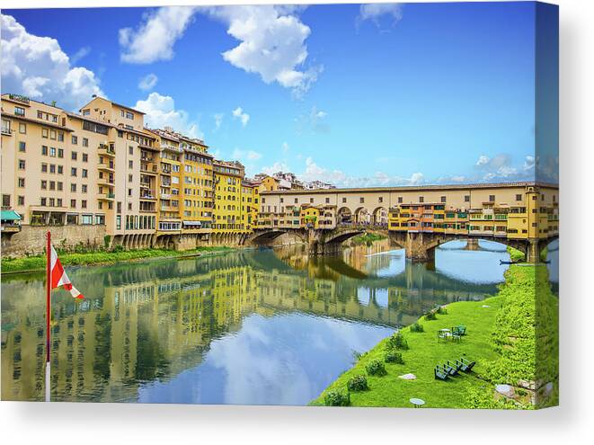 Ancient Canvas Print featuring the photograph Red and White Flag by Ponte Vecchio by Darryl Brooks