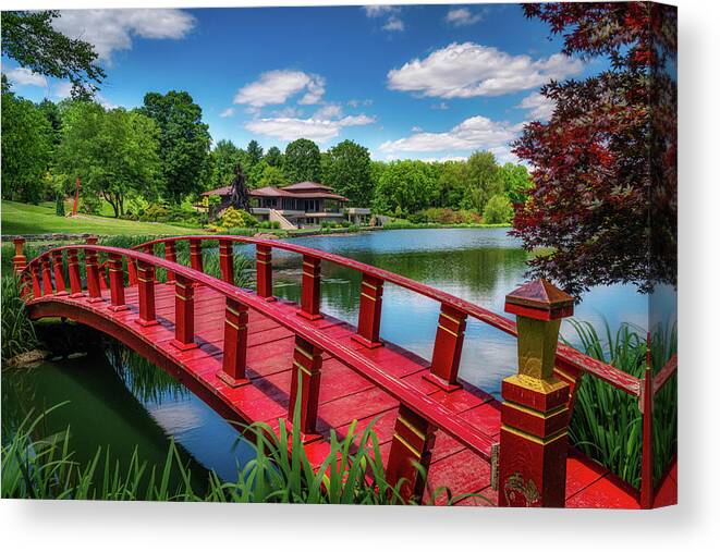 Nature Canvas Print featuring the photograph Red Bridge at the Lake House by Tom Mc Nemar
