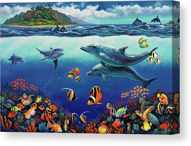 Underwater View Of Coral Reef And Dolphins Canvas Print featuring the painting Reef Serenade by John Zaccheo
