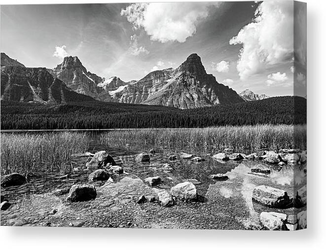 Banff Canvas Print featuring the photograph Reflection on Waterfowl Lake Banff National Park Alberta Canada Rocky Black and White by Toby McGuire