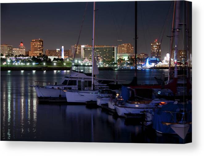 Downtown District Canvas Print featuring the photograph Reflections Of Long Beach by Mitch Diamond