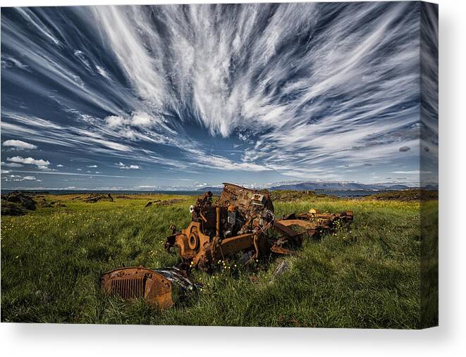 Landscape Canvas Print featuring the photograph Remains Of Vehicle by orsteinn H. Ingibergsson
