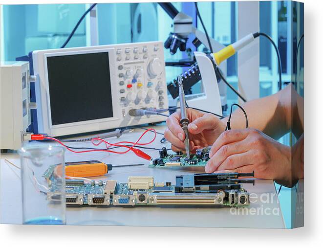 Indoors Canvas Print featuring the photograph Repairing Printed Circuit Board by Wladimir Bulgar/science Photo Library