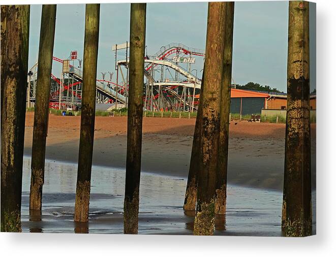 Old Canvas Print featuring the photograph Roller Coaster Through the Pylons Old Orchard Beach Maine by Toby McGuire