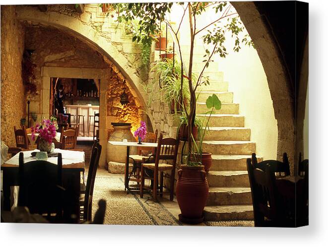 Greece Canvas Print featuring the photograph Romantic Restaurant Interior In Greece by Domin domin