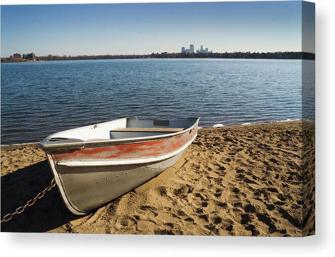 Scenics Canvas Print featuring the photograph Row Boat & City Hz by Yinyang