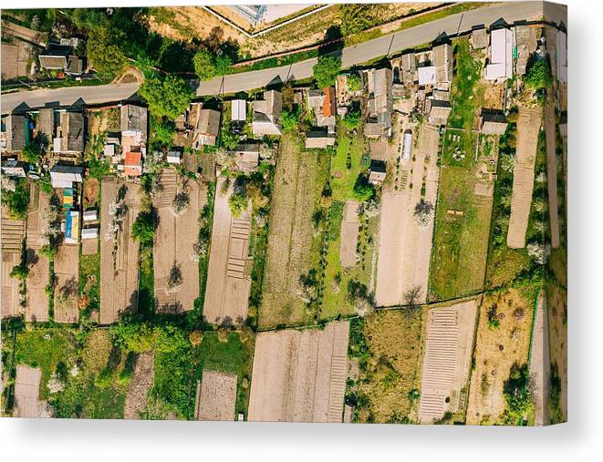 Landscapeaerial Canvas Print featuring the photograph Russia. Aerial View Of Small Town by Ryhor Bruyeu