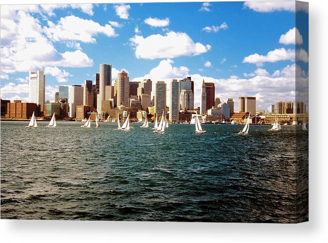 Sailboat Canvas Print featuring the photograph Sailboats In Boston Harbor In Front Of by Medioimages/photodisc