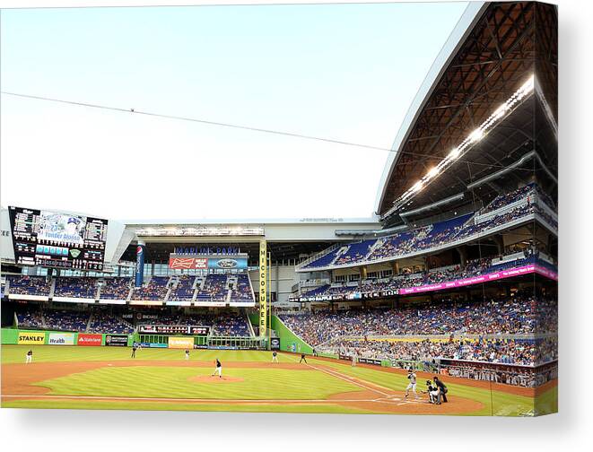 American League Baseball Canvas Print featuring the photograph San Diego Padres V Miami Marlins by Marc Serota