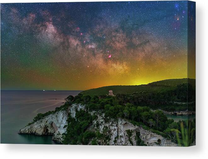 #nightscape #starscape #space #italy #puglia #gargano #milkyway #astrophotography #astronomy #astro #arch #arco #tower #torre Canvas Print featuring the photograph San Felice Arch and Tower by Ralf Rohner