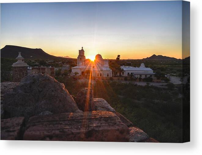 San Xavier Canvas Print featuring the photograph San Xavier Mission del Bac Sunset, Tucson, AZ by Chance Kafka