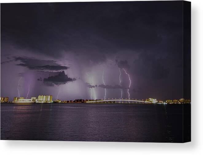 Clouds Canvas Print featuring the photograph Sand Key Bridge Lightning by Joe Leone