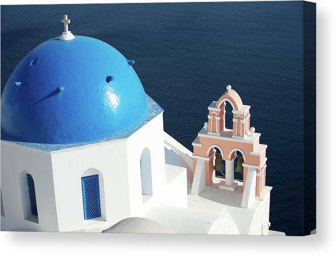 Greece Canvas Print featuring the photograph Santorini Blue Church Dome And Pink by Peskymonkey
