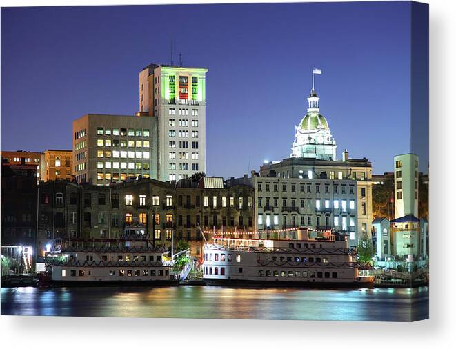 Built Structure Canvas Print featuring the photograph Savannah Georgia Skyline by Denistangneyjr