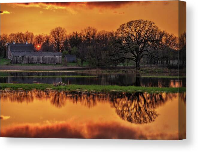 Pond Spring Sunset Goose Mother Goose Oak Tree Green Golden Barn Farm Wi Wisconsin Stoughton Madison Rural Scenic Horizontal Canvas Print featuring the photograph Scenic Pondquility - Spring sunset over a Wisconsin farm scene with pond and nesting goose by Peter Herman
