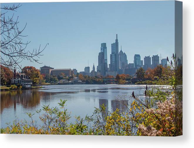 Schuylkill Canvas Print featuring the photograph Schuylkill River Skyline View - Philadelphia in Autumn by Bill Cannon