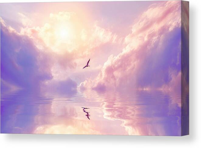 Fairy Tale Canvas Print featuring the photograph Seagull And Violet Clouds by Jane Khomi