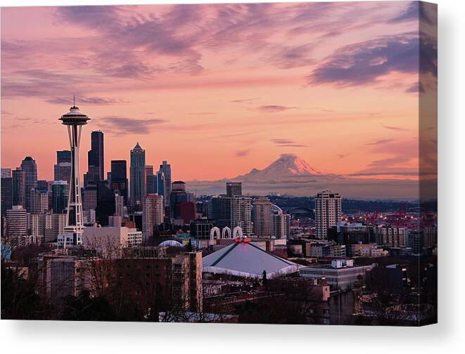 Downtown District Canvas Print featuring the photograph Seattle In Pink by Aaron Eakin
